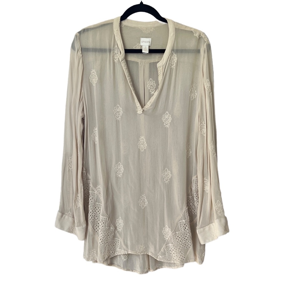 Chico's Selah Sheer Vanilla Lace V-Neck Embroidered Tunic size 2/Med